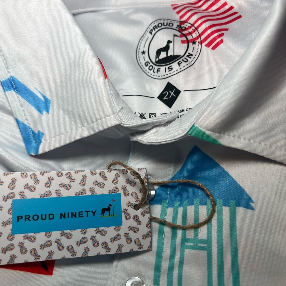White Short-Sleeve Polo with Multicolor Summer Print - Picture 2 of 2